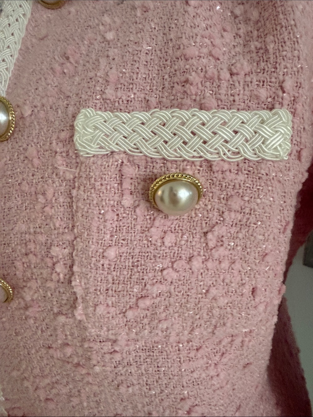 Generation Love Pink Tweed Pearl-Button Cropped Blazer with Cream Trim - Picture 2 of 6